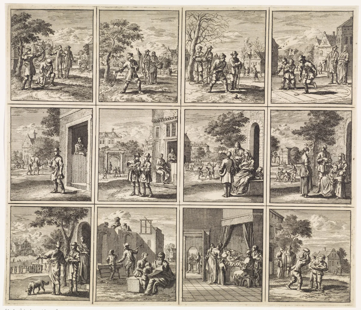 Twaalf afbeeldingen uit 'Des menschen begin, midden en einde' by Jan Luyken, print, 1712