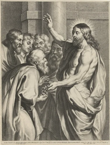 Christus geeft Petrus de sleutels by Pieter de Jode, print, 1613-1634