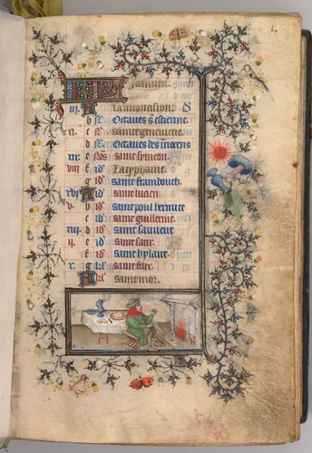 Hours of Charles the Noble, King of Navarre (1361-1425): fol. 1r, January by Master of the Brussels Initials and Associates, book, 1400-1410