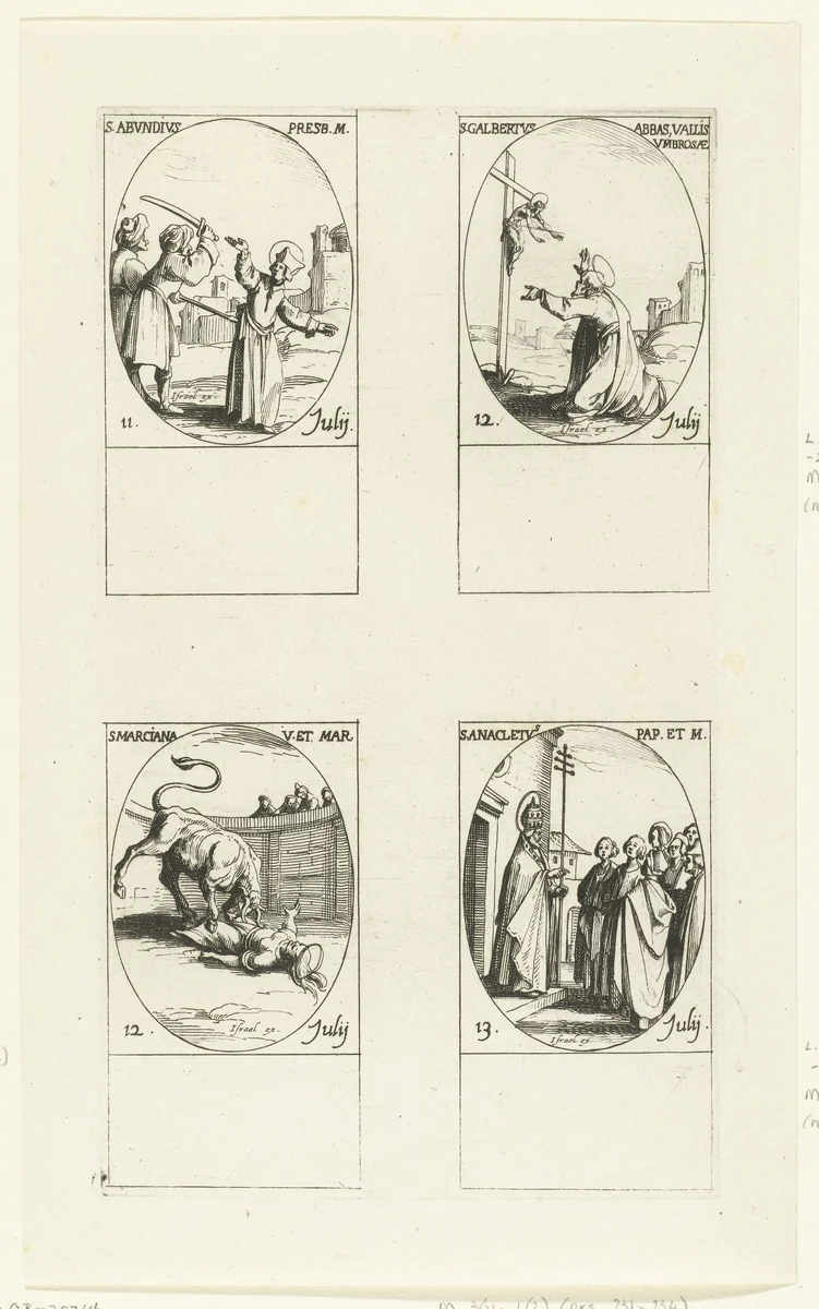 Heilige Abundius van Cordoba, Heilige Johannes Gualbertus, Heilige Marciana van Toledo/Caesarea, Heilige Anacletus (11-13 juli) by Jacques Callot, print, 1632-1636