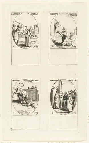 Heilige Abundius van Cordoba, Heilige Johannes Gualbertus, Heilige Marciana van Toledo/Caesarea, Heilige Anacletus (11-13 juli) by Jacques Callot, print, 1632-1636