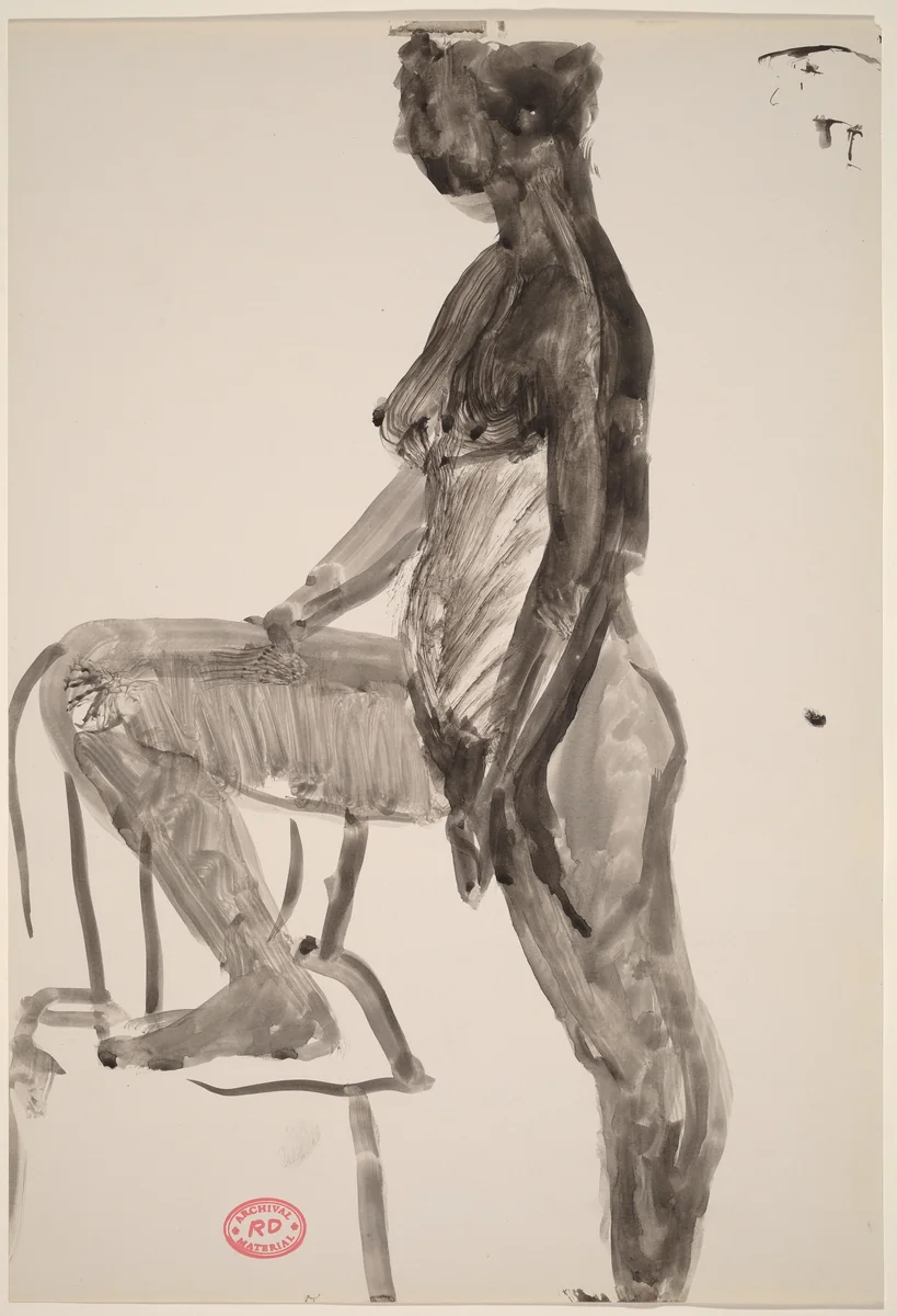 Untitled [standing female nude with right foot in chair: side view] by Richard Diebenkorn, drawing, 1955-1967