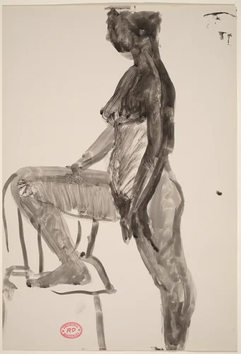 Untitled [standing female nude with right foot in chair: side view] by Richard Diebenkorn, drawing, 1955-1967
