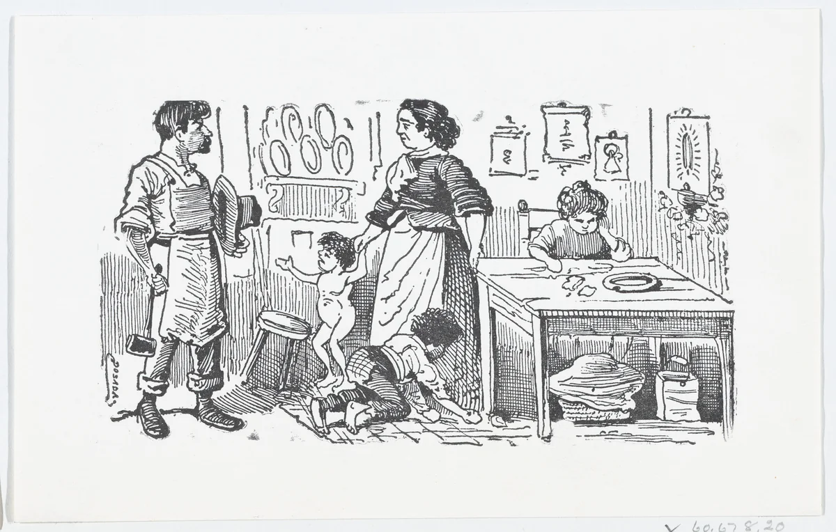 A domestic scene with a mother holding her child's hand while talking to her husband by José Guadalupe Posada, print, 1875-1885