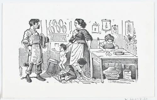 A domestic scene with a mother holding her child's hand while talking to her husband by José Guadalupe Posada, print, 1875-1885