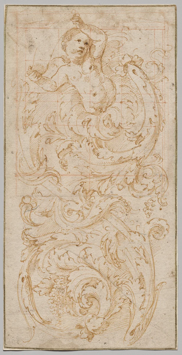 Design for a Frieze with a Putto and Acanthus Leaves by Giulio Romano, drawing, 1515-1525