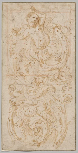 Design for a Frieze with a Putto and Acanthus Leaves by Giulio Romano, drawing, 1515-1525