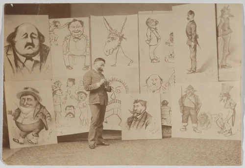 Full-length Portrait of Thomas Nast with a Group of Caricatures by Thomas Nast, print, 1883-1893