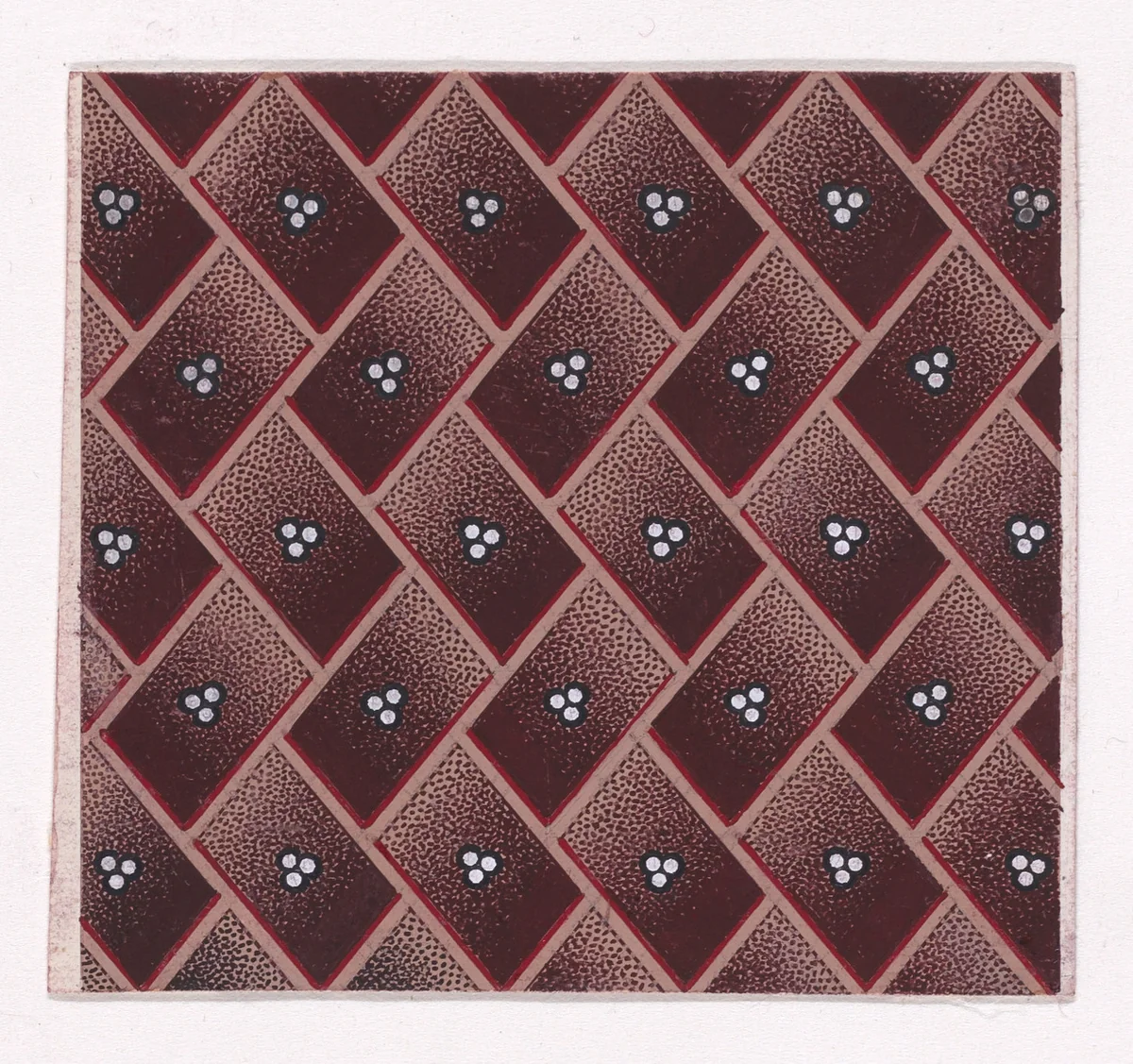 Textile Design with a Tiled Background of Alternating Rectangular Shapes Framed by Ribbons Decorated with Trefoils of Pearls by anonymous, drawing, 1840