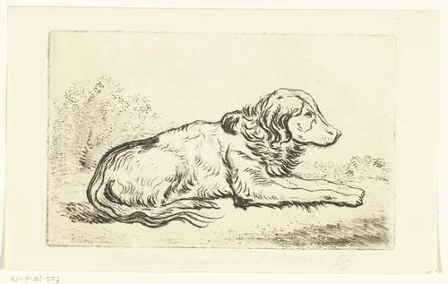 Liggende hond in landschap by Pieter Barbiers, print, 1808-1837