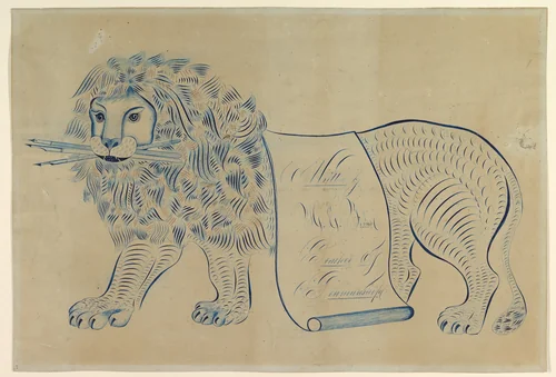 Ornamental Lion Composed of Scrolls, Holding Pens by H. E. Forbes, drawing, 1700-1800
