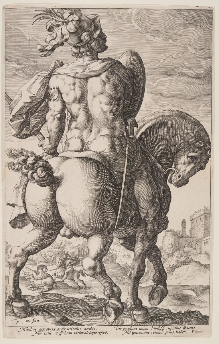 Titus Manlius on Horseback, from The Roman Heroes by Hendrick Goltzius, print, 1586