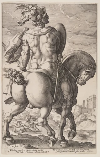 Titus Manlius on Horseback, from The Roman Heroes by Hendrick Goltzius, print, 1586