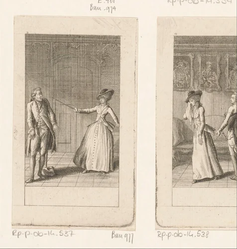 Amalia slaat Franz met een degen van zich af by Daniel Nikolaus Chodowiecki, print, 1782