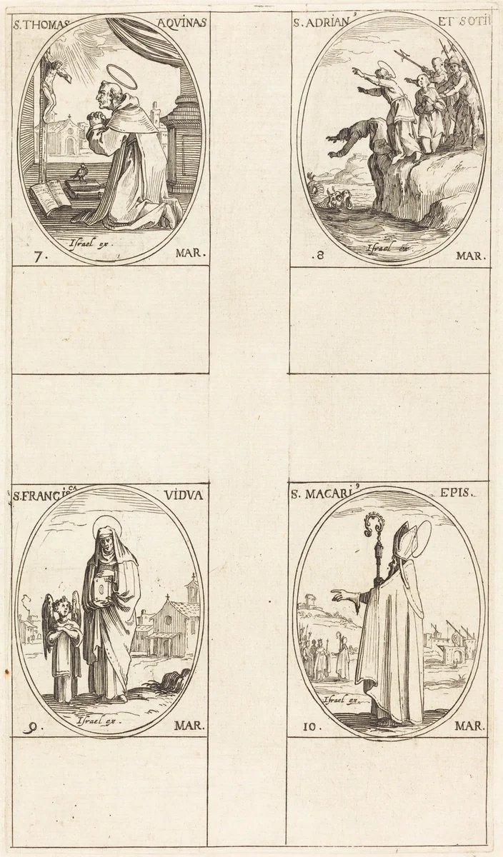 St. Thomas Aquin; St. Adrian and Companions; St. Frances; St. Macari by Jacques Callot, print, 1627-1637