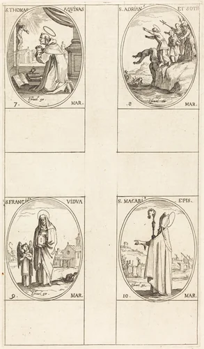 St. Thomas Aquin; St. Adrian and Companions; St. Frances; St. Macari by Jacques Callot, print, 1627-1637