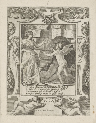 Juno beveelt Slaap op Jupiter neer te dalen by Giulio Bonasone, print, 1501-1580