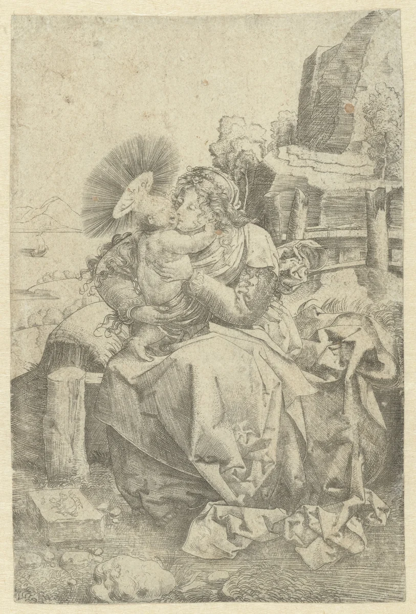 Madonna met kind in een landschap by Unknown, print, 1490-1552