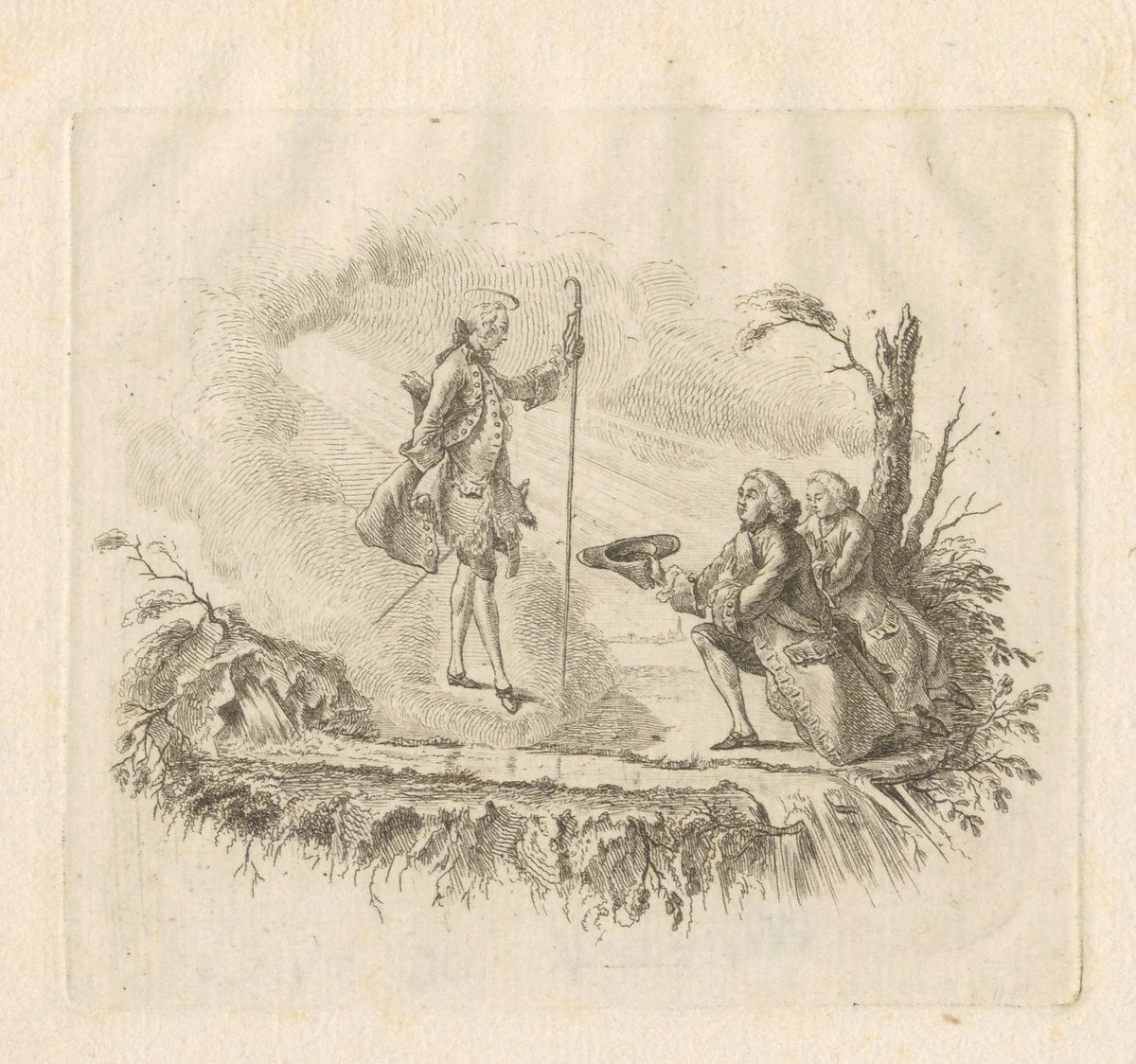 In wolken verschijnt een jongeman, twee heren knielen voor hem by Georg Friedrich Schmidt, print, 1774