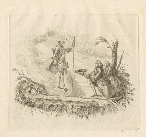 In wolken verschijnt een jongeman, twee heren knielen voor hem by Georg Friedrich Schmidt, print, 1774
