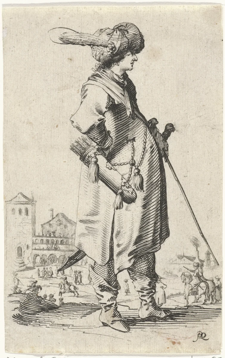 Staande man met tulband en stok by Salomon Savery, print, 1633-1665