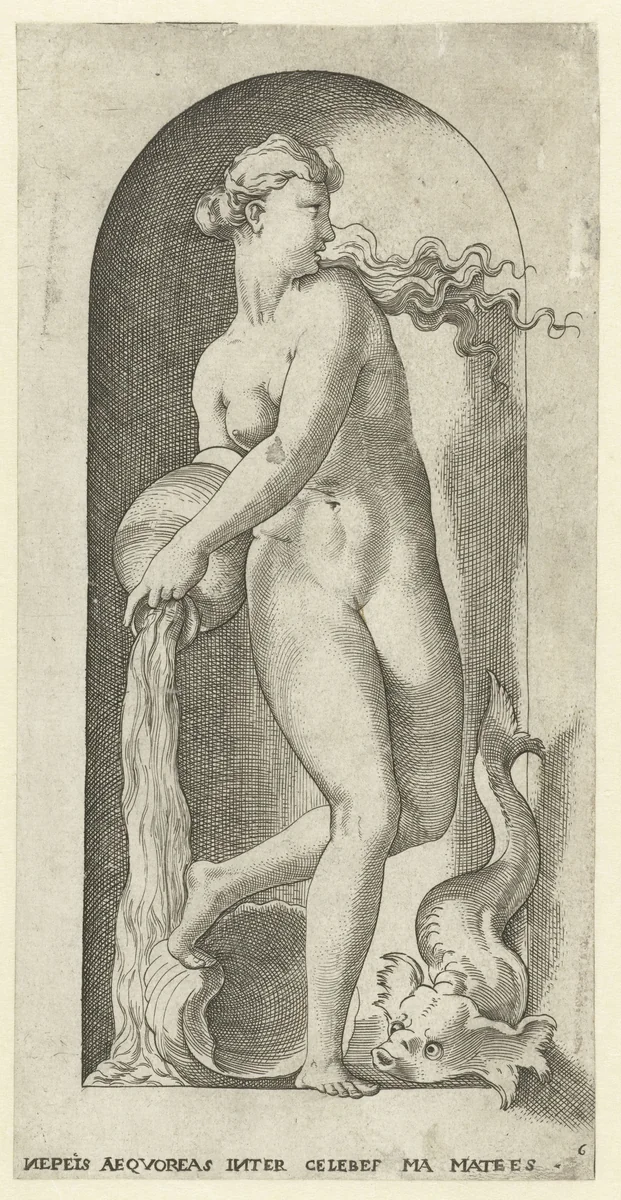 Thetis met waterkruik en vis by Jacob Binck, print, 1530