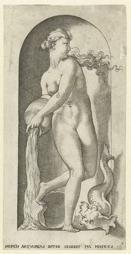 Thetis met waterkruik en vis by Jacob Binck, print, 1530