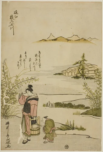 The Jewel River of Bush Clovers in Omi Province (Omi Hagi no Tamagawa), from an untitled series of Six Jewel Rivers by Rekisentei Eiri, print, 1780-1790