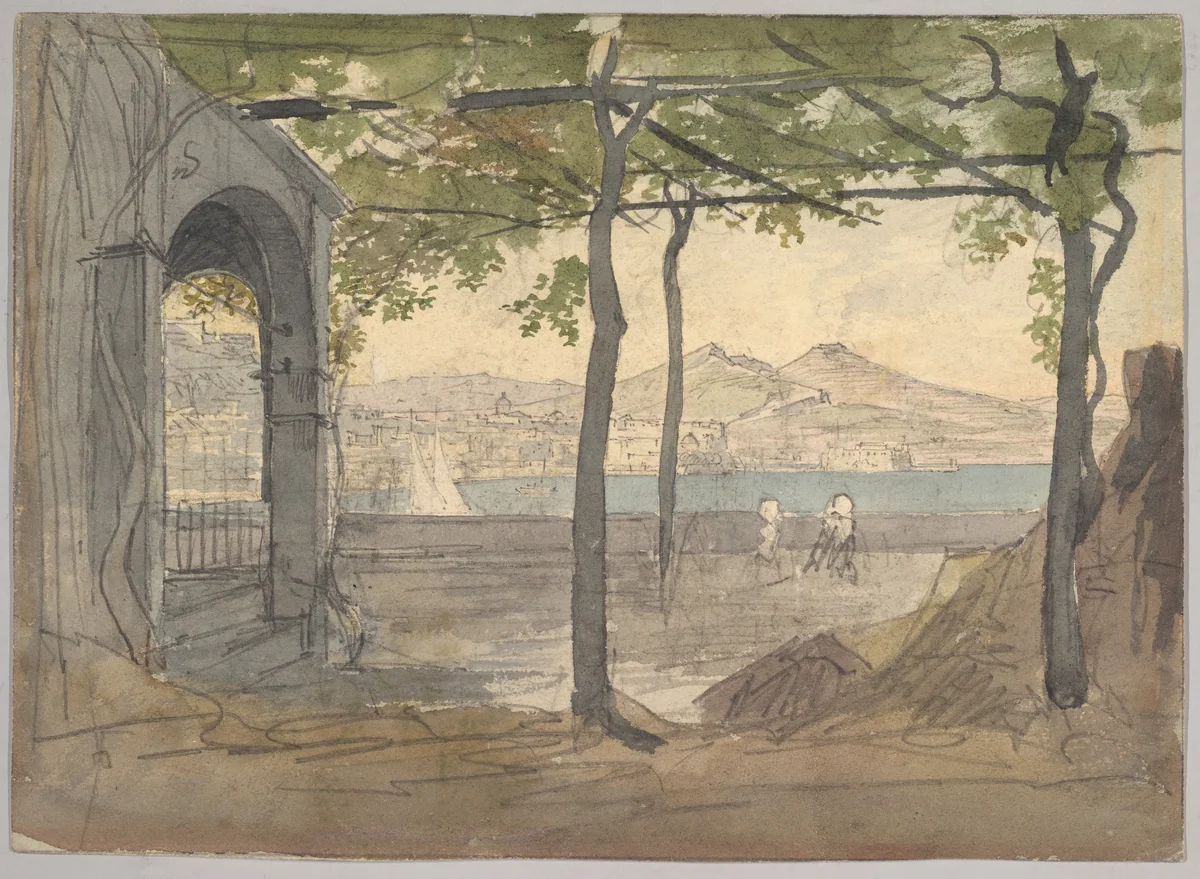 View of the Bay of Naples with Mount Vesuvius by Franz Ludwig Catel, drawing, 1815-1825