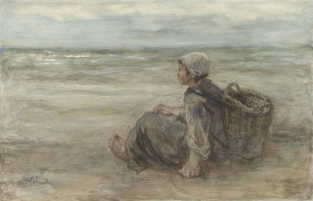 Vissersmeisje op het strand by Jozef Israëls, drawing, 1903