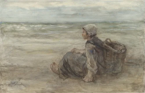 Vissersmeisje op het strand by Jozef Israëls, drawing, 1903