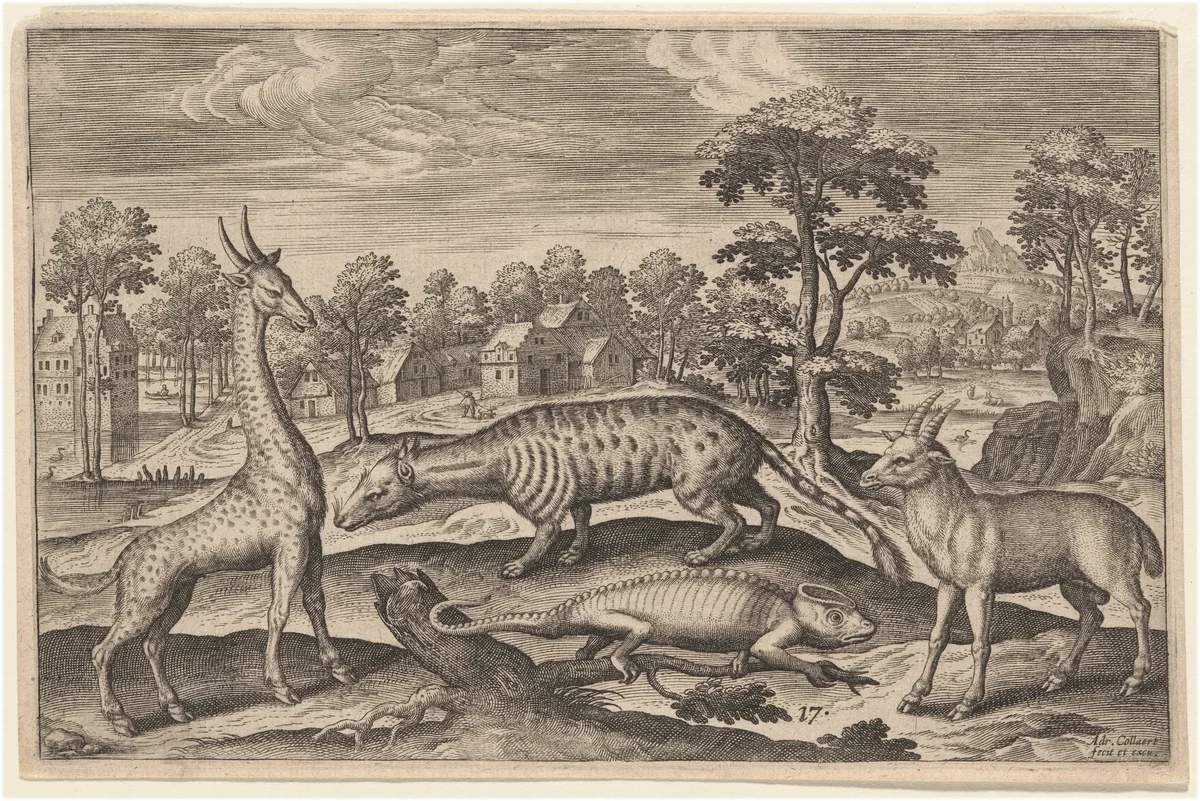 A Giraffe, a Chameleon, a Civet, and an Antelope by Adriaen Collaert, print, 1592-1602