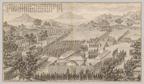 Rewards to Generals and Officers in Quelling the Uigurs: from Battle Scenes of the Quelling of Rebellions in the Western Regions, with Imperial Poems by Jean Damascene Sallusti, print, 1760-1774