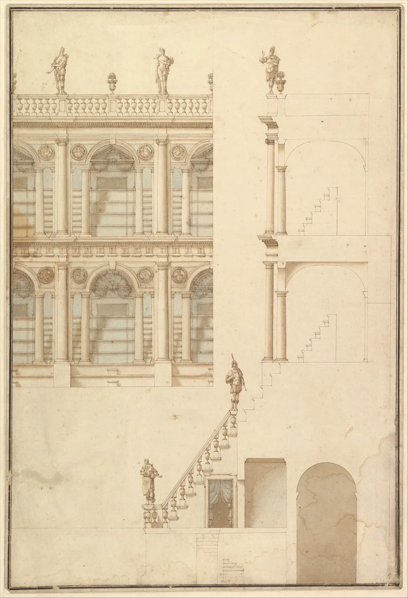 Details of Theatre Interior: Interior Elevation of Corridor and Sections by Giuseppe Galli Bibiena, drawing, 1696-1756