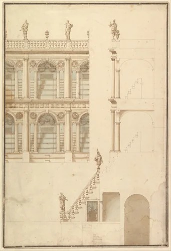 Details of Theatre Interior: Interior Elevation of Corridor and Sections by Giuseppe Galli Bibiena, drawing, 1696-1756