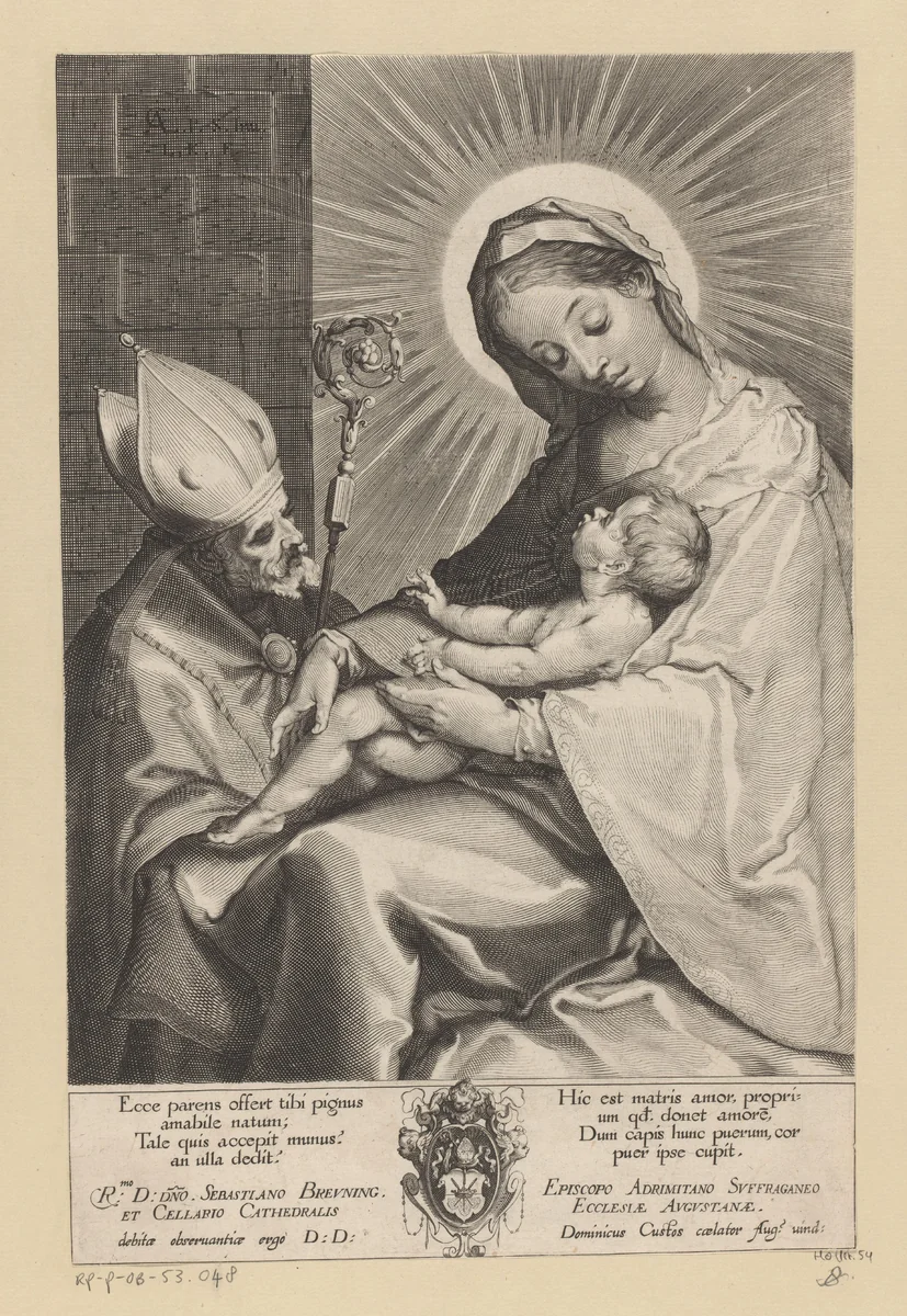 Maria met kind aanbeden door een bisschop by Unknown, print, 1589-1615