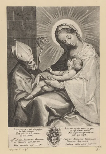 Maria met kind aanbeden door een bisschop by Unknown, print, 1589-1615