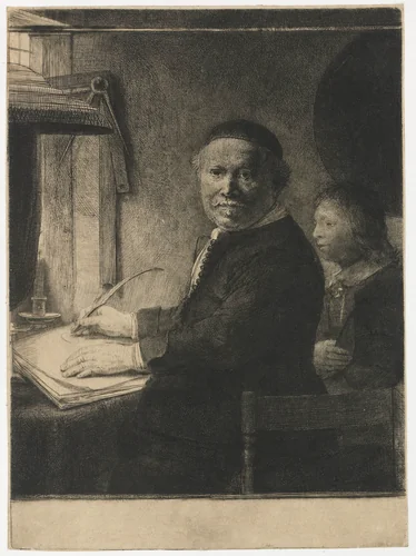 Lieven Willemsz. van Coppenol, writing master: the smaller plate by Rembrandt van Rijn, print, 1658