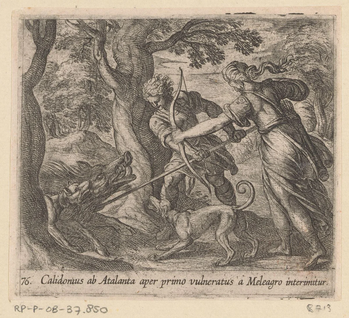 Atalanta en Meleager doden het zwijn by Antonio Tempesta, print, 1606