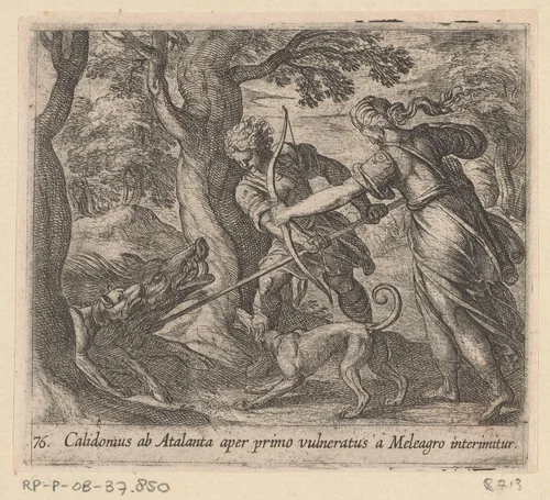 Atalanta en Meleager doden het zwijn by Antonio Tempesta, print, 1606