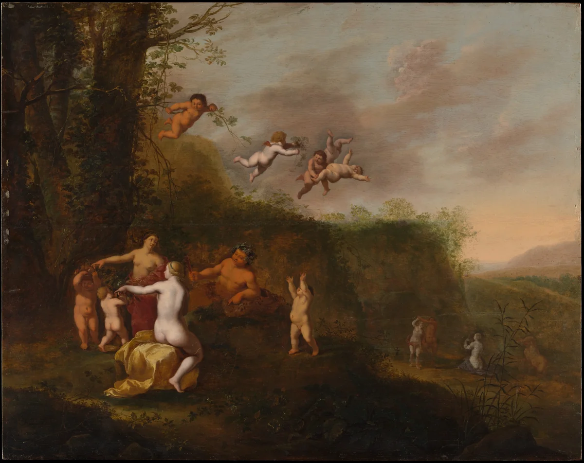 Bacchus and Nymphs in a Landscape by Abraham van Cuylenborch, painting, 1640-1649