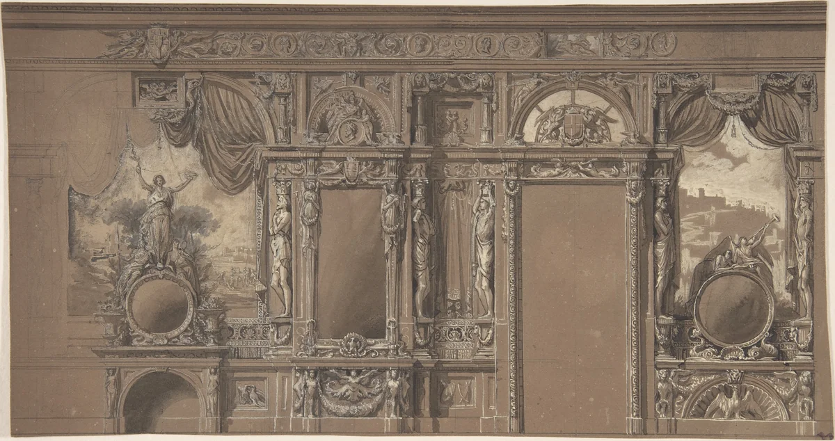 Design for a Heavily-Decorated Wall Elevation by anonymous, drawing, 1800-1900
