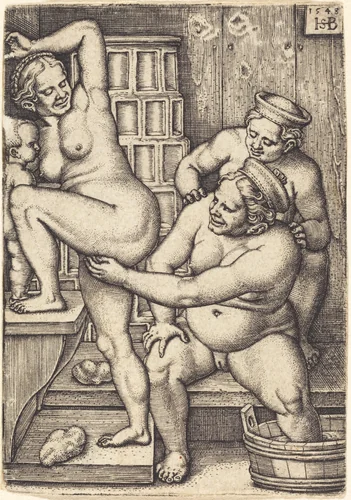 Three Women in a Bathroom by Sebald Beham, print, 1548
