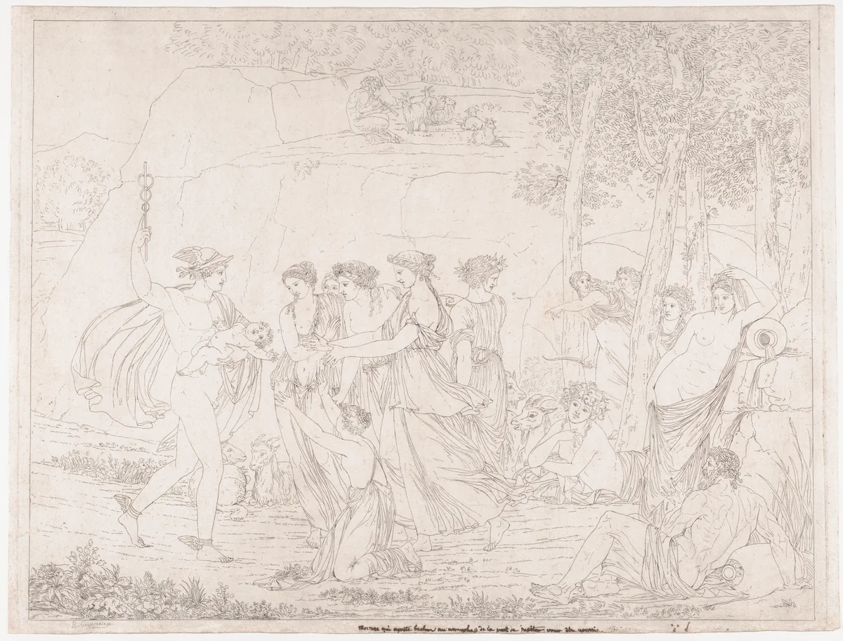 Mercury Delivers the Infant Bacchus to the Nymphs by Bénigne Gagneraux, print, 1784-1795