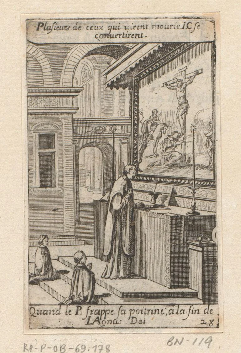 Priester met twee misdienaars voor een altaar by Sébastien Leclerc, print, 1661