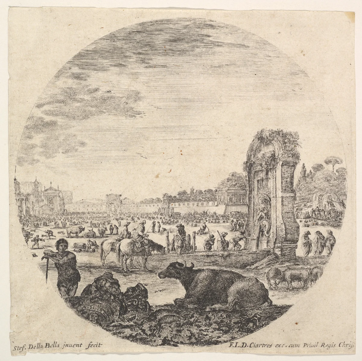 Plate 2: Campo Vaccino, a buffalo and two shepherds in center, the Fontanone, various animals and people in the background, from "Roman landscapes and ruins" (Paysages et ruines de Rome) by Stefano della Bella, print, 1643-1648