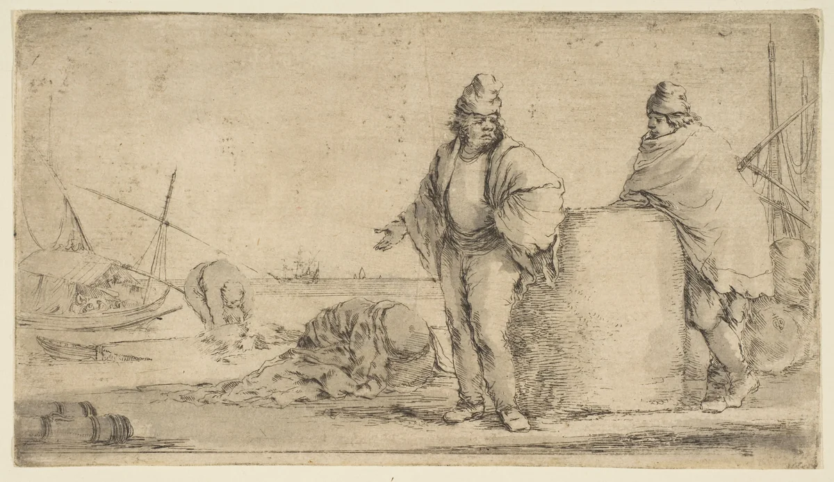 Two sailors with a bale of merchandise by Stefano della Bella, print, 1657-1667