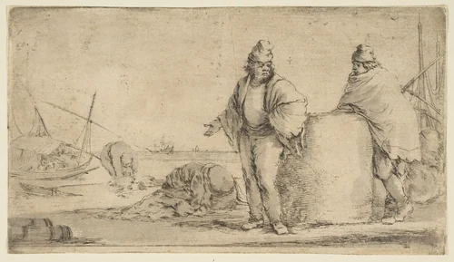 Two sailors with a bale of merchandise by Stefano della Bella, print, 1657-1667