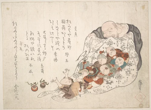 Hotei Opening His Bag which Is Full of Small Boys by Kita Busei, print, 1776-1856