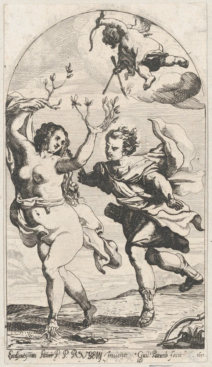 Daphne fleeing from Apollo, with Cupid overhead by Willem Panneels, print, 1631